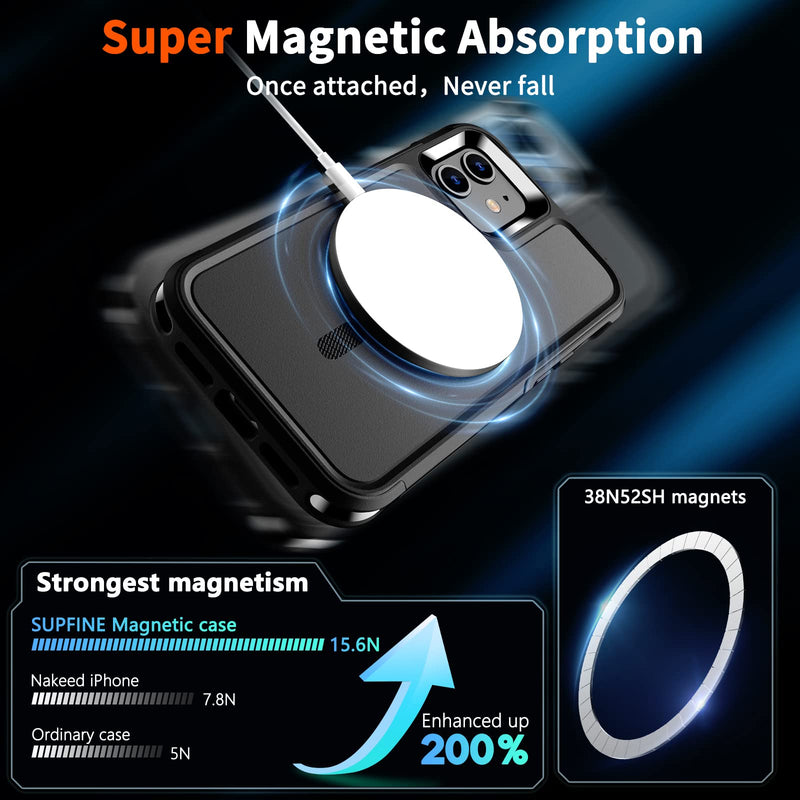 SUPFINE Magnetic for iPhone 12 Case/iPhone 12 Pro Case, [Compatible with MagSafe] [10 FT Military Grade Drop Protection] 2X [Tempered Glass Screen Protector] Phone Case for iPhone 12/12 Pro, Black