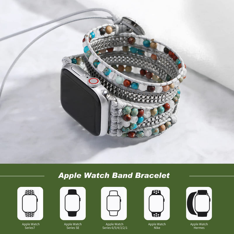 Boho 5 Wraps Bracelet Compatible with Beaded Apple Watch Band for Women Men 38mm/40mm/41mm, 7 Chakra Apple Watch Strap for Iwatch Band Series 8/7/6/5/4/3/2/1/SE Ultra