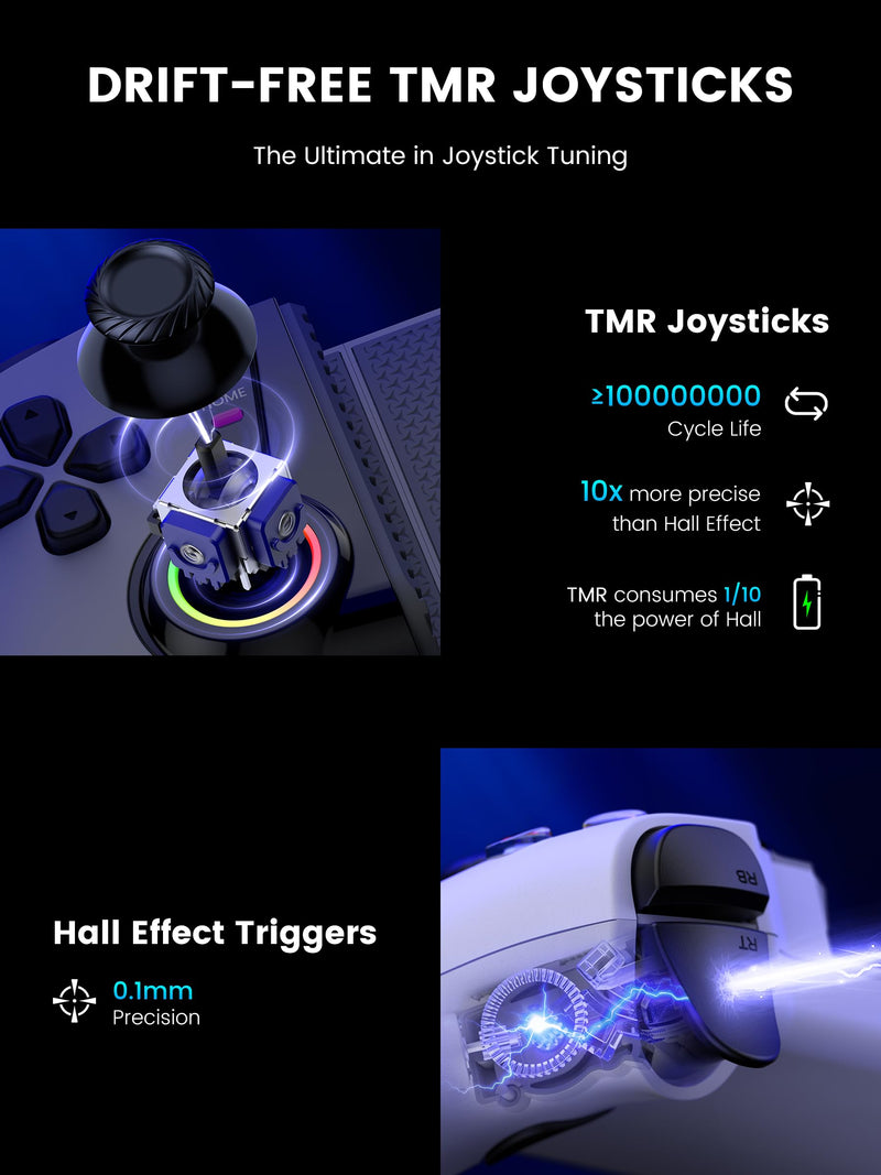 KICKDOT Mobile Gaming Controller with TMR Joysticks & Hall Triggers, No Drift Bluetooth Gamepad for iPhone (iOS)/Android/Switch 2/1/OLED - Wireless Controller for Xbox Cloud/Steam Link, RGB Light, Turbo Macro Back Buttons, Long Battery White