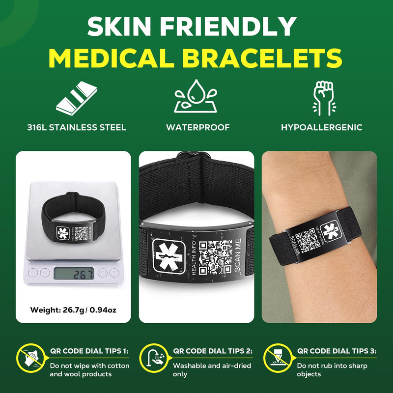 [AUSTRALIA] - Upgraded Medical Bracelets Men Women with QR Code Medical Alert ID Bracelets - Titanium Steel Wristband Fits Wrists Up 8''-10'' - More Space Custom Emergency Med ID Info Black-Stretch nylon rope 