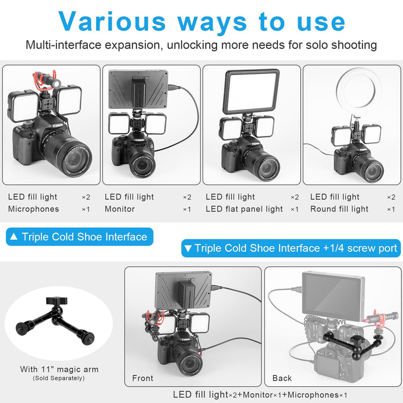 FOMITO 3 Port Cold Shoe Mount with 1/4"-20 Thread for Camea Cage Tripod Grip Flash LED Monitor Microphone