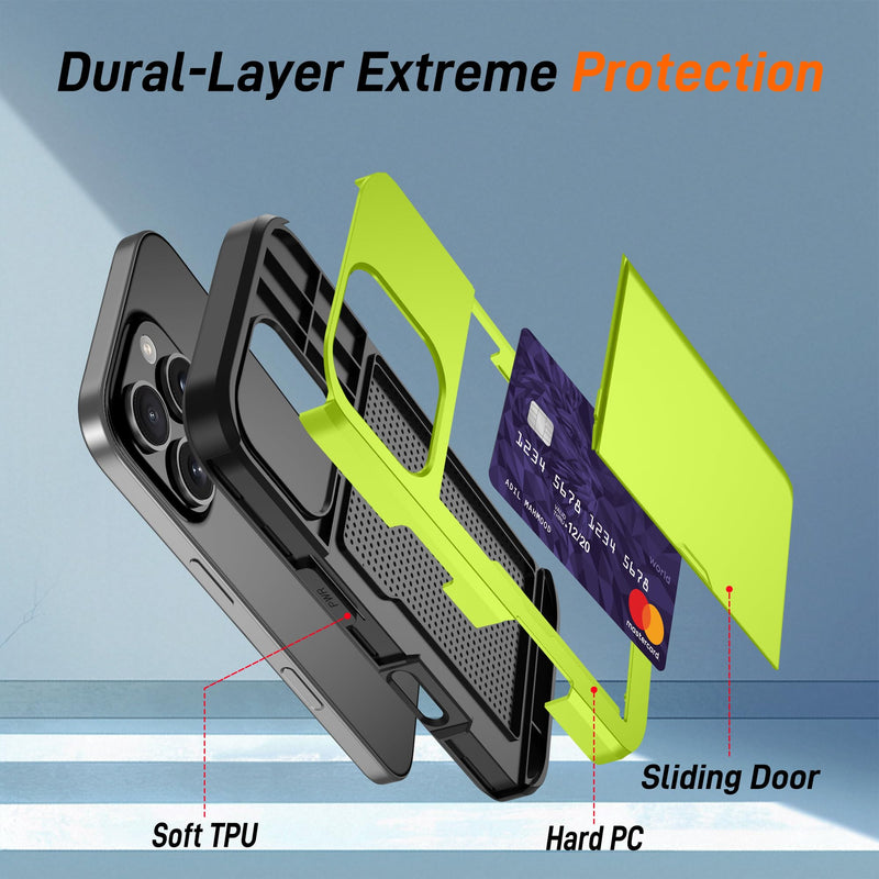 Pilaru for iPhone 16 Pro Max Case with Card Holder【2 Pcs HD Screen Protector】Slim Heavy Duty Dual Layer Shockproof Design【Hidden Card Slot 】Wallet Cases for iohone 16 Pro Max Case 6.9 inch-Neon Green for iPhone 16 Pro Max Case 6.9" (3 Lens) Neon Green