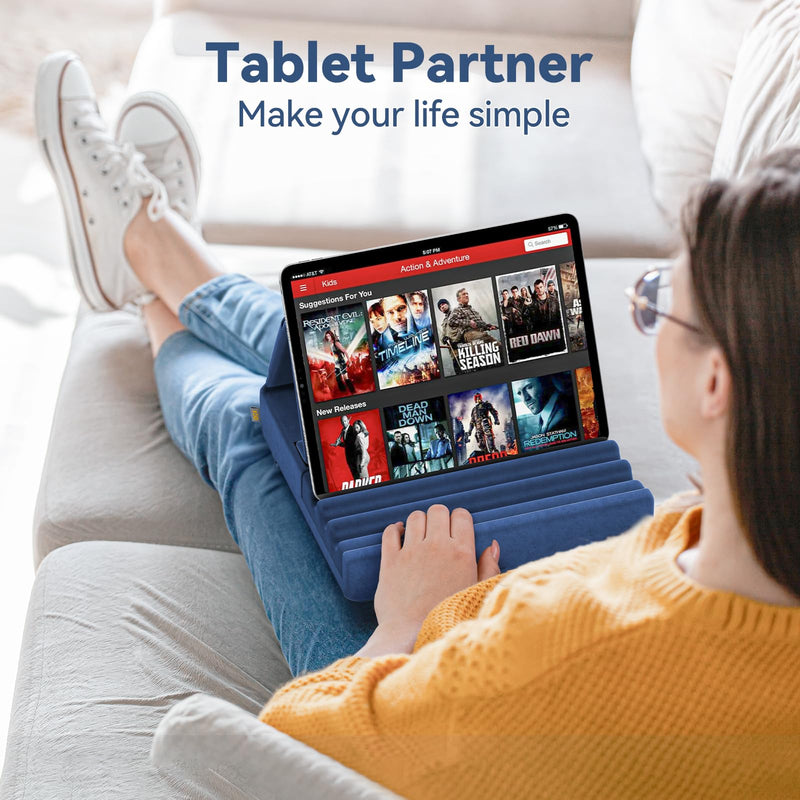 [AUSTRALIA] - KDD Tablet Pillow Holder, Foldable iPad Stand for Lap, Bed and Desk -Tablet Soft Pad Dock with Pocket & Stylus Mount Compatible with iPad Pro 12.9, 10.5, 9.7 Air Mini 6 5 4 3, Galaxy Tab,E-Reader Blue 