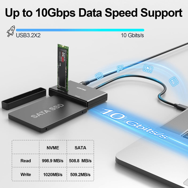 Unitek Dual-Bay M.2 NVMe/SATA USB 3.2 Adapter, 10Gbps, Tool-Free | Simultaneous M.2 & SATA Access; Fits M.2 2230-2280 & 2.5/3.5" SATA Drives; Hot-Swap, Auto Sleep, No Driver; JMS581D Chip