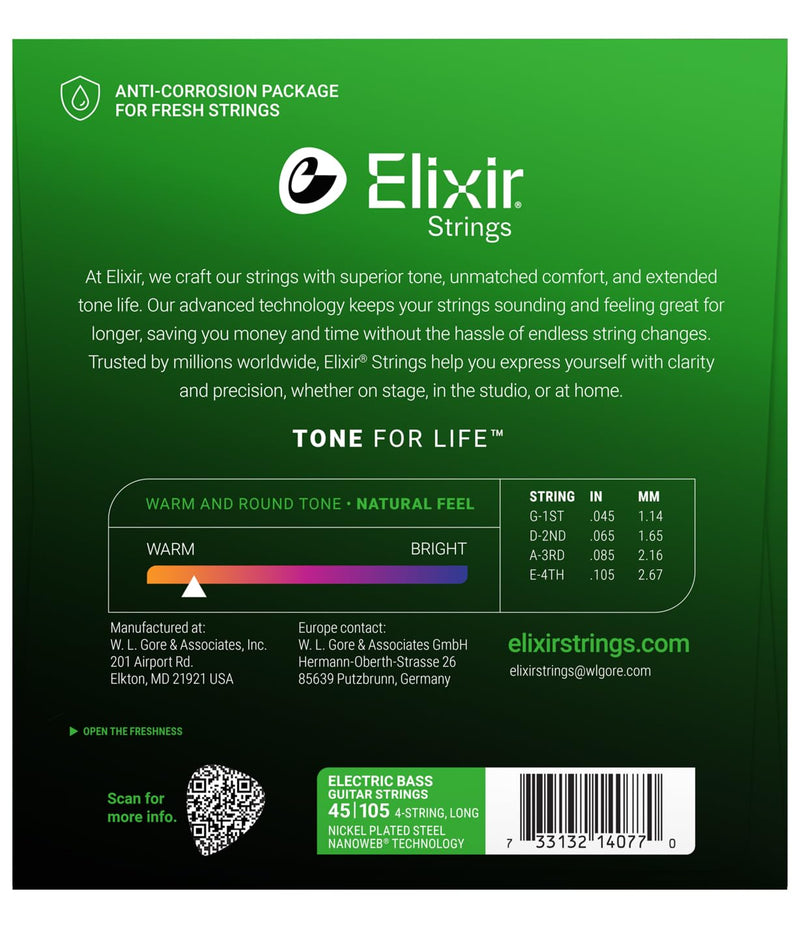 Elixir Strings Nickel Plated Steel 4-String Bass Strings w NANOWEB Coating, Long Scale, Light/Medium (.045-.105) Lt Medium, Long Scale (.045-.105) 4 String Set