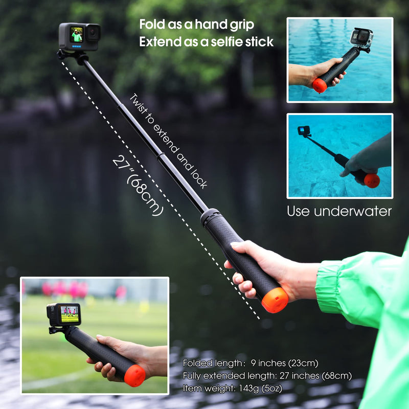 SOONSUN 4in1 Floating Selfie Stick Tripod for GoPro Hero 13 12 11 10 9 8 7 6 5 4 3 Session Max, AKASO, SJCAM Action Camera - As Waterproof Extension Monopod Pole Floating Handle Grip Tripod Stand Red