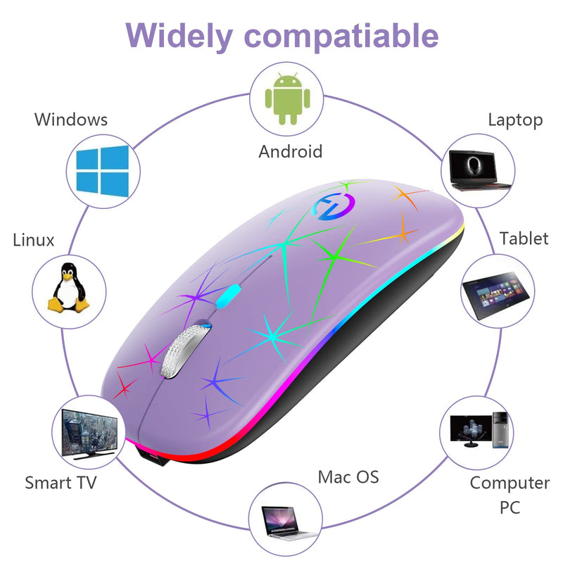 Wireless Mouse, 2.4G Portable Optical Quiet RGB Mouse with USB Receiver and Type C Adapter, 3 Adjustable DPI Levels, Wireless Computer Mouse for Laptop, Computer, PC, MacBook, Desktop Purple