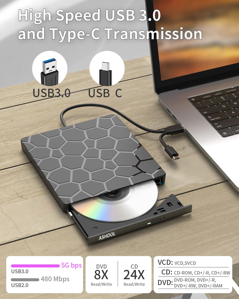 8 in 1 External CD DVD Drive USB 3.0 and Type-C Disc Reader Burner Player | Optical Drive for PC Laptop Desktop MacBook Mac Windows Linux OS Apple 8 in 1