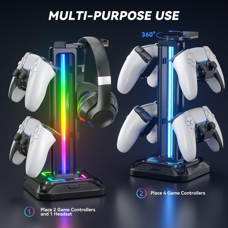 [AUSTRALIA] - KDD RGB Headset Stand with 9 Light Modes - Controller Holder for Desk - Rotatable Headphone Stand & Detachable Controller Hook for PC Earphone Accessories(Black) Black 