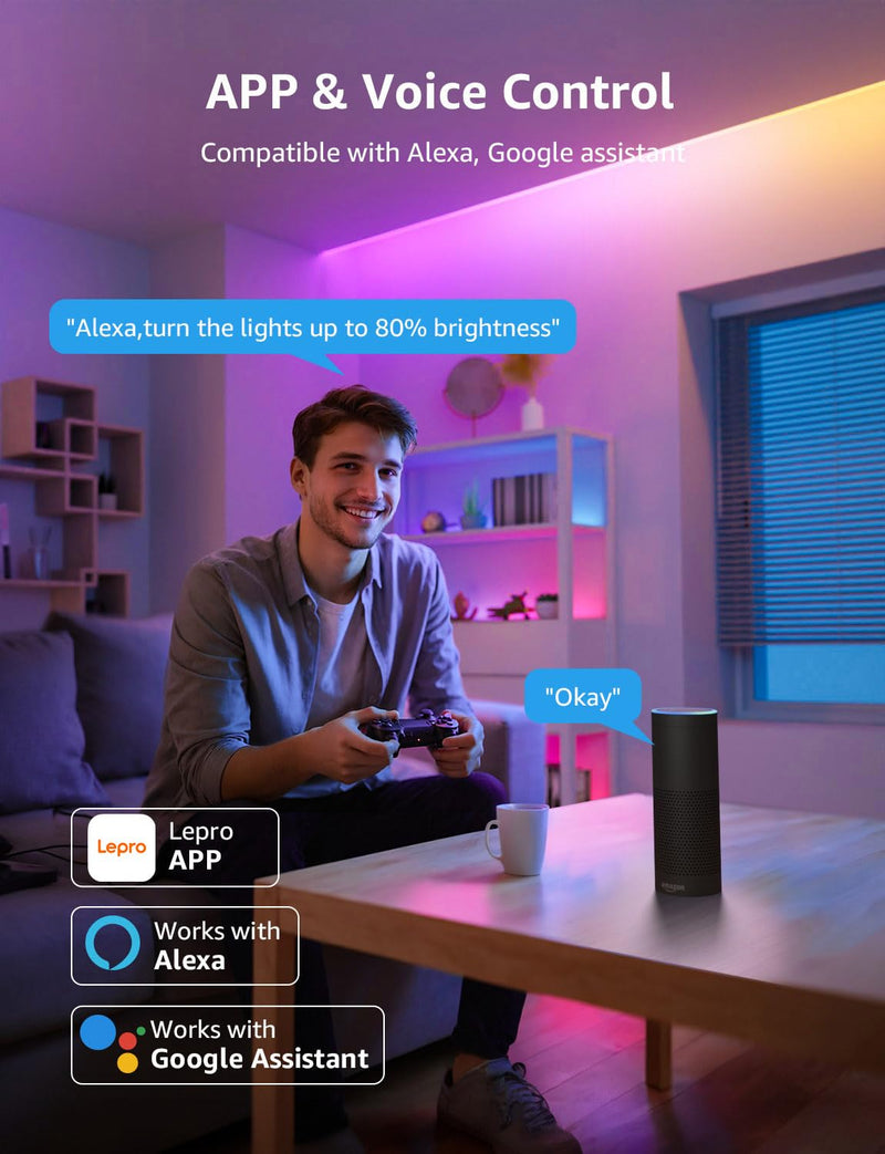 [AUSTRALIA] - Lepro S1 AI LED Strip Lights for Bedroom - 32.8ft Smart RGB Light Strips with IC and Rainbow Chasing Effects, Color Segment DIY, Personalized Al Lighting Designer, No Remote, 2.4G Wi-Fi & Bluetooth 