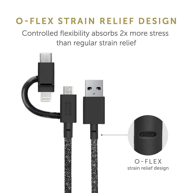 Native Union Belt Cable Universal - 6.5ft Ultra-Strong Reinforced [MFi Certified] Durable Charging Cable with 3-in-1 Adaptor for Lightning, USB-C and Micro-USB Devices (Black) Cosmos