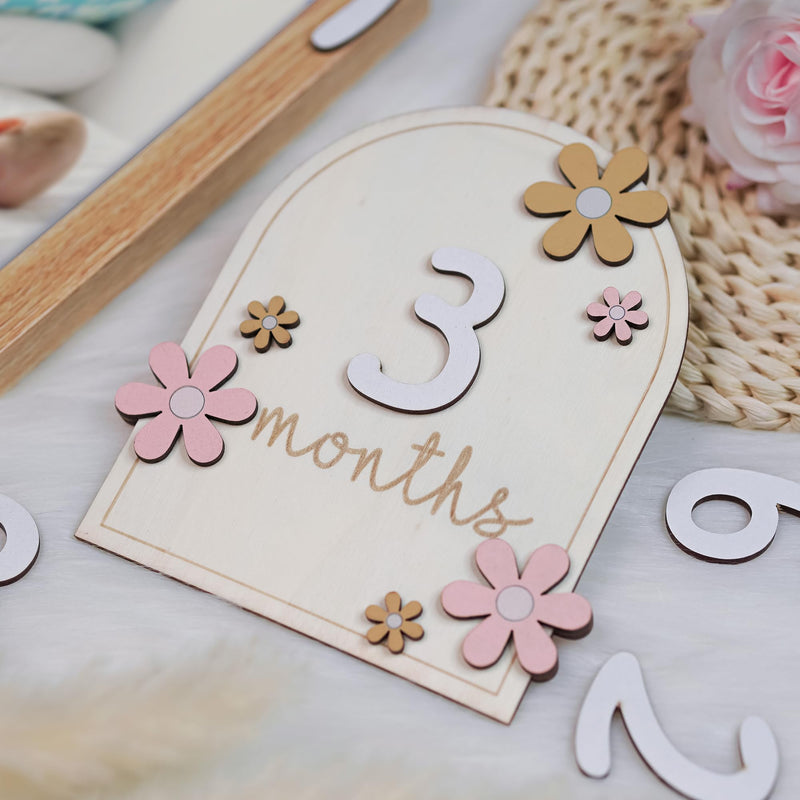 Baby Monthly Milestone Cards - Wooden Monthly Milestone Discs - Newborn Photography Props to Document Your Baby´s Growth - Baby Announcement Sign (AA Flower) AA Flower