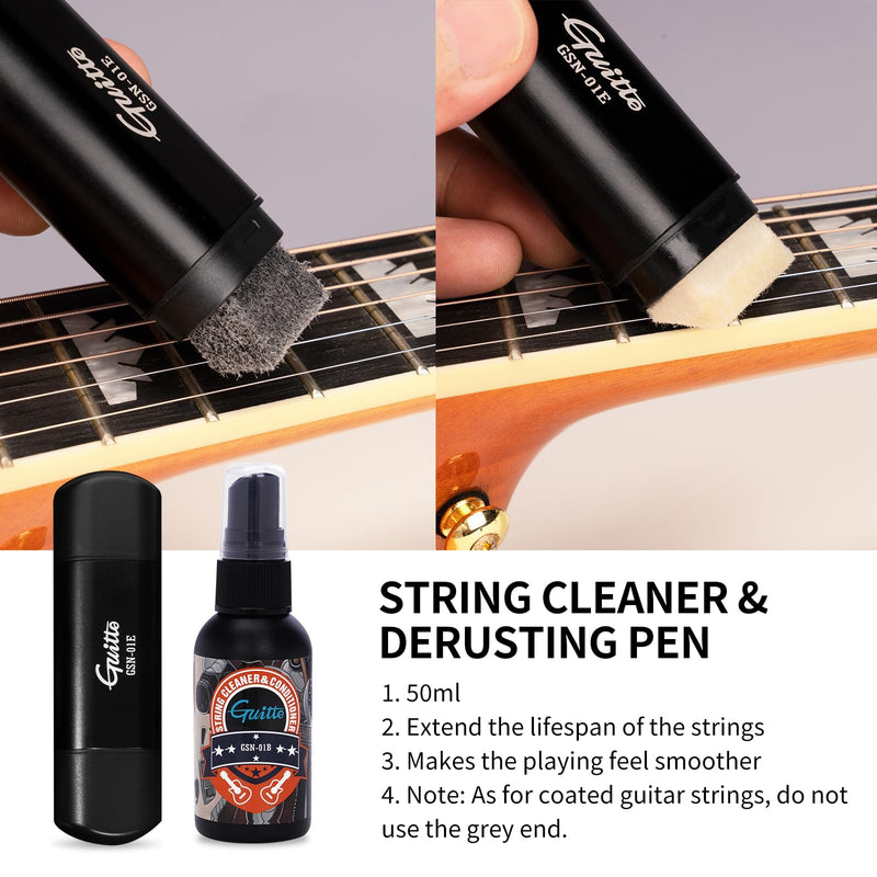 GUITTO Guitar Cleaning Kit All in One - Guitar Care Kit with Fretboard Lemon Oil, Guitar Polish, String Cleaner for Acoustic Guitar, Electric Guitar, Bass - Microfiber Cloths GSN-01