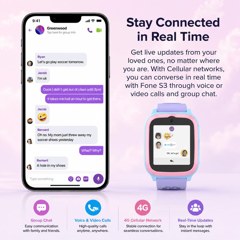 myFirst Fone S3+ Kids Smart Watch 4G GPS Smartwatch for Kids, with eSIM | Video Voice Call, 2MP Camera, GPS Tracking, Text, Waterproof eSIM Dual Band, Gift for Boys Girls Age 8-12 (Cotton Candy) Cotton Candy