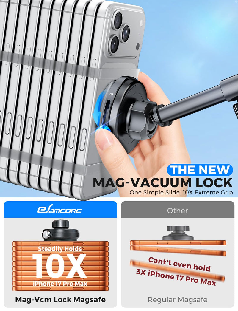 eSamcore MagSafe Car Mount, Off-Road Mag-Vacuum Lock Magnetic Phone Holder | Windshield, Dash, 20 N55 Magnet, Adjustable MagSafe stand, Mag-Vac Lock, iPhone 17 16 15 14 Pro Max, iPad, Tablet, 4.7”-11.9”