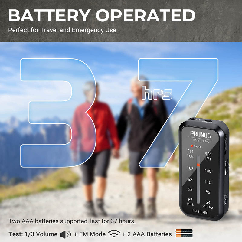 Pocket Radio Mini AM FM Stereo Radio Portable Battery Operated Radio, Includes Headphones, with Back Clip and Signal Indicator, Operated by AAA Batteries for Hurricane,Walking,Running,J-985 by PRUNUS Black