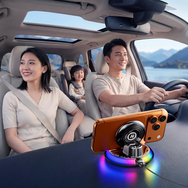 Wireless Car Charger Phone Holder for Dashboard,One-Hand Operation 15W | Fast Charging for MagSafe iPhone , 7-Color RGB Light On/Off, 360° Rotating View, Automatic Dual-Hook Locking