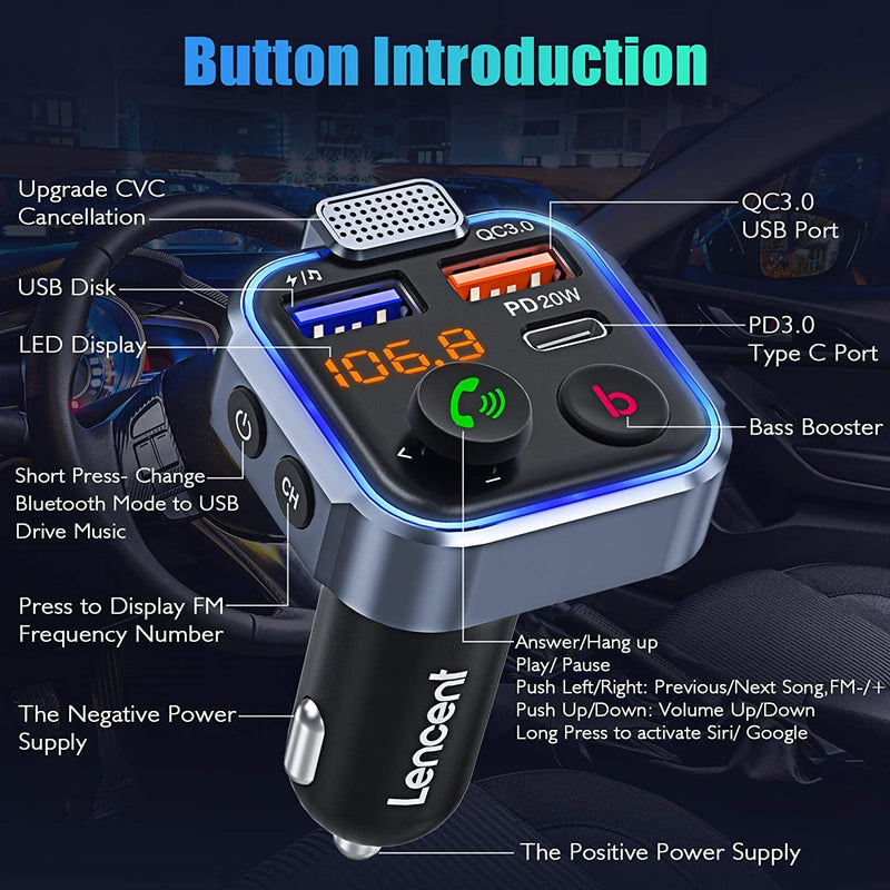 LENCENT FM Transmitter in-Car Adapter,Type-C PD 20W+ QC3.0 Fast USB Charger, Wireless Bluetooth 5.0 Radio Car Kit,Hands Free Calling, Mp3 Player Receiver Hi Fi Bass Support U Disk Blue-38W