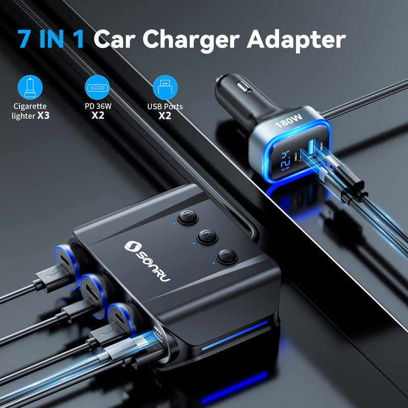 7 in 1 Cigarette Lighter Splitter,SONRU 180W (Max 192W) Car Charger Adapter | Dual PD 36W/QC3.0,24V/12V 3-Sockets Fast Charge for iPhone GPS Dash Cam Car Accessories,Independent Switch Voltage Display black1