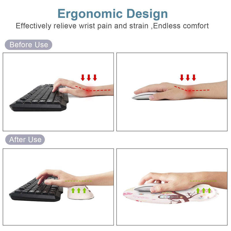 Keyboard Mouse Pad Wrist Rest, Gel Ergonomic Wrist Rest Support Mousepads Mat, Non Slip Rubber Base Wrist Support with Memory Foam for Laptop Computer Home Office Work, Durable & Comfortable, Cute Owl