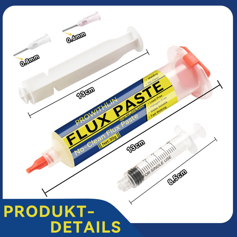 prowithlin Flux Soldering, 60 ml, Pack of 2 Soldering Paste with 2 Needles, 1 Pusher & 1 Syringe, 60 g No Clean Solder with Flux for BGA/IC/CPU/PCB/SMD 2 Pack