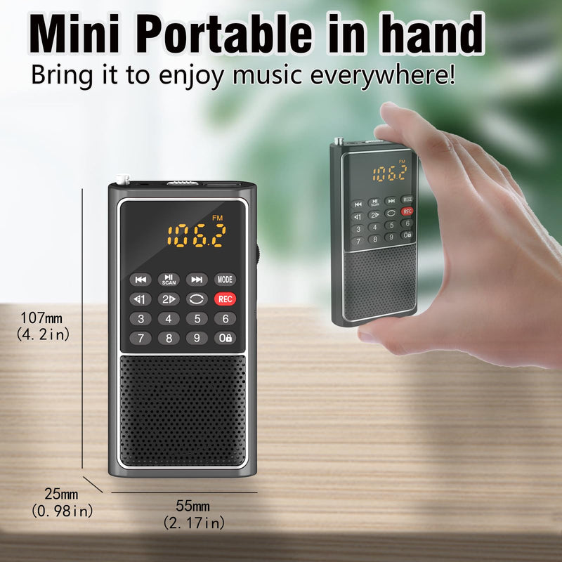 B01 Mini Portable FM Radio USB Player, TF/SD Card/USB Slot Support Mp3 Play Rec,Pocket Walkman Small Radio with Lock Key,Wristband,Rechargeable Battery Operated, Excellent Reception and Sound BLACK