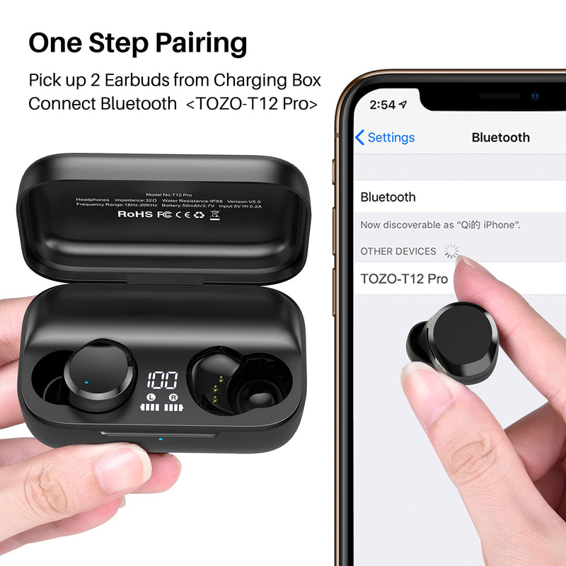 TOZO T12 Pro Wireless Earbuds with Qualcomm QCC3040, aptX Stereo Sound | 4 Mics CVC 8.0 Call Noise Cancelling Ear Buds, 2500mAh Wireless Charging Case, IPX8 Waterproof, 10mm Drivers, Premium Audio Black