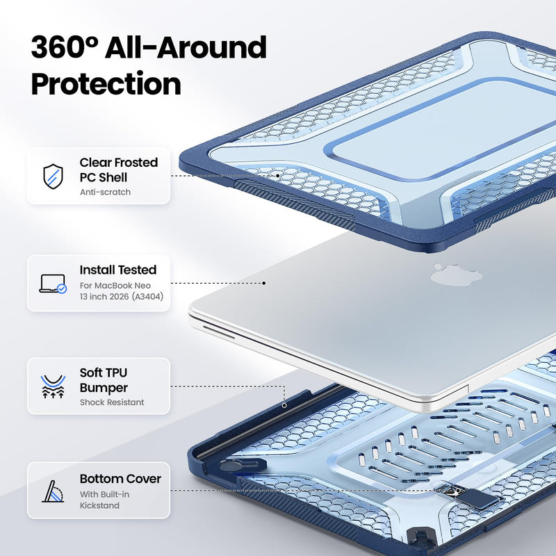 Sanyetral Shockproof Case for MacBook Neo 13 Inch A3404 2026 (A18 Pro Chip) | Military Grade Anti-Scratch Matte Translucent MacBook Neo Hard Cover with Foldable Kickstand and Heat Dissipation -Navy Blue Navy Blue