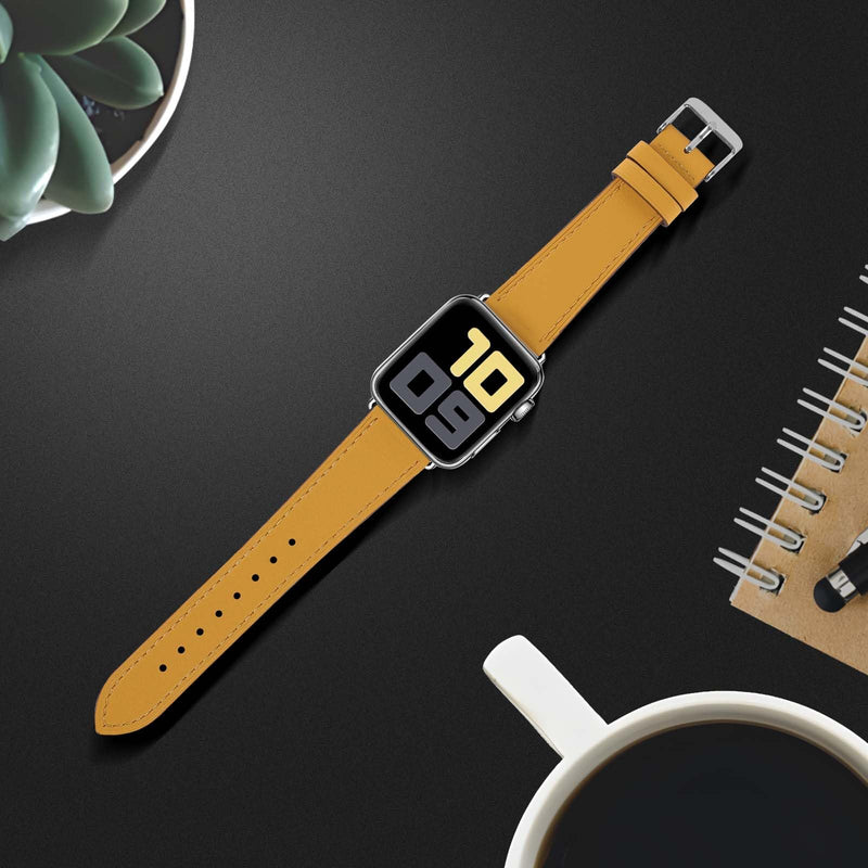 2 Pack Leather Bands(Yellow,Brown) Compatible with Apple Watch Band 38/40/41/42/44/45/46/49mm, Soft Leather Watch Replacement Band for Watch Series Ultra SE 10 9 8 7 6 5 4 3 2 1 for Women Men