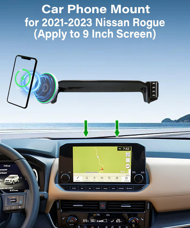 Car Phone Mount for Nissan Rogue 2021 2022 2023 9" Screen Accessories | MagSafe 15W Fast Wireless Charger Cell Phone Holder,360° Rotatable 3D Fit Navigation Clip-On Cradle,will Not Block Air Vents fit for 2021-2023 Nissan Rogue(9 Inch Screen)