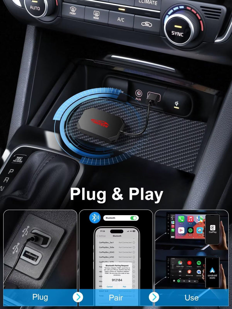 Wireless Carplay Adapter, Converts Wired CarPlay to Wireless Carplay & Android Auto Adapter, Plug and Play Car Dongle Compatible with Apple iPhone iOS 10+ & Cars from 2017, Black