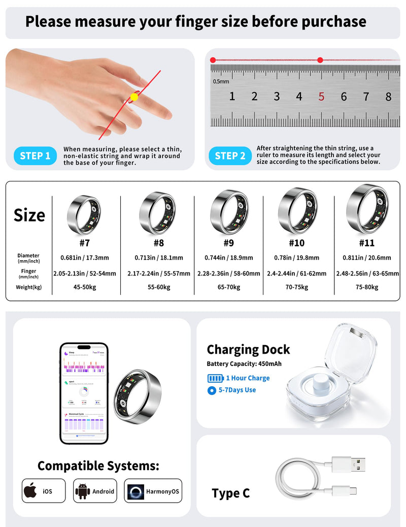 Smart Ring for Women Men Fitness Tracker Heart Rate Sleep Trends 128 Sports Modes Gesture Control Cycle Tracking IP68 Waterproof No Subscription Compatible with iPhone Android (Silver, Size10)