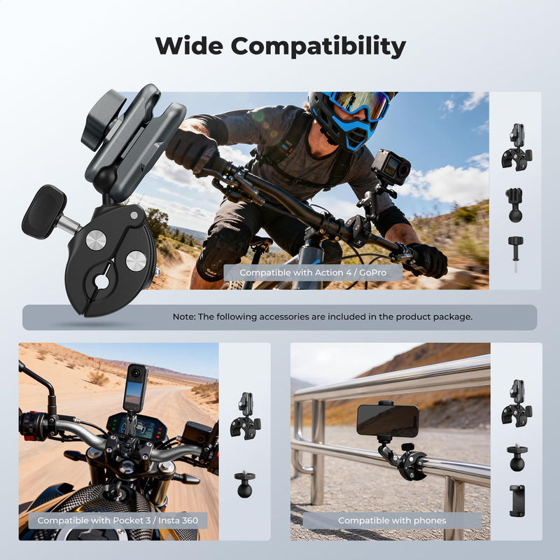 K&F CONCEPT Super Clamp Camera Mount with 360° Dual Ball Head, Bike/Motorcycle Handlebar Mount Compatible with DJI Action 6/5/4/3, Hero 13/12/11/10, 360 X5 X4 Super Clamp with Phone Holder