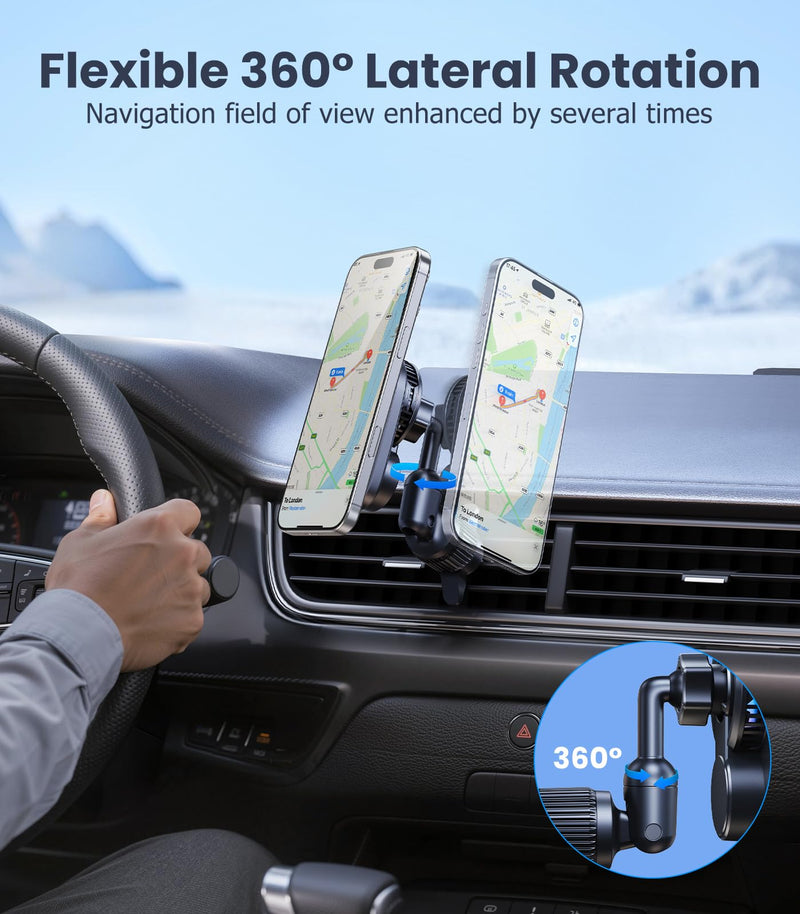 Long-arm Wireless Magnetic Car Phone Holder Mount with Cooling Fan & RGB Lights, 15W Fast Charging Auto-Rotate Charger for iPhone 17/16/15/14/13/12 S25 Samsung Google, Car Air Vent Mount Vent clip