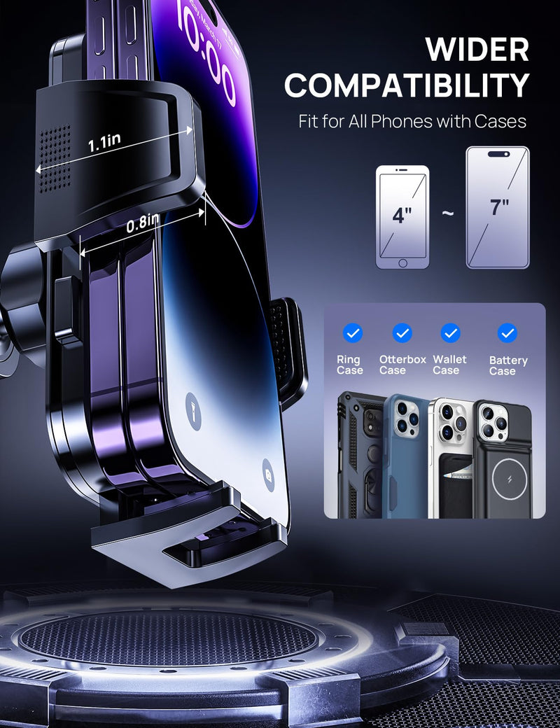 Air Vent Car Phone Holder, Stable Metal Hook, Wide Clamp, Anti-Vibration | Rotatable smartphone mount with one-press release and heat-resistant grip; fits large iPhone and Android phones with cases. AC-Cyan