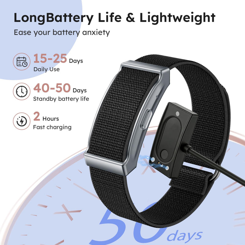 Smart Bracelet Health Wristband Fitness Tracker Heart Rate Monitor Sleep Tracker Step Counter Pedometer Multi Sport Modes Waterproof Wearable Activity Tracker, Free App, Silicone & Nylon Strap Black