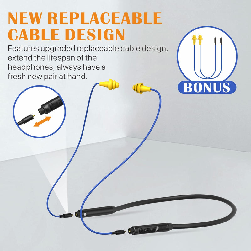 MIPEACE Bluetooth Earplug Headphones with 2 Replacement Earbud Cables - Neckband Ear Protection Work Earbuds, 29dB Noise Reduction Safety Headphones with 19+ Hour Battery for Lawn Mowing DIY.