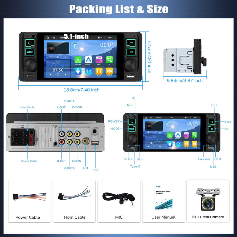 Single Din Car Radio with Wireless CarPlay & Android Auto,5.1 Inch HD IPS Touchscreen Single Din Stereo with Bluetooth Backup Camera,1 Din Car Radio Supports Bluetooth/SWC/FM Radio/USB/TF