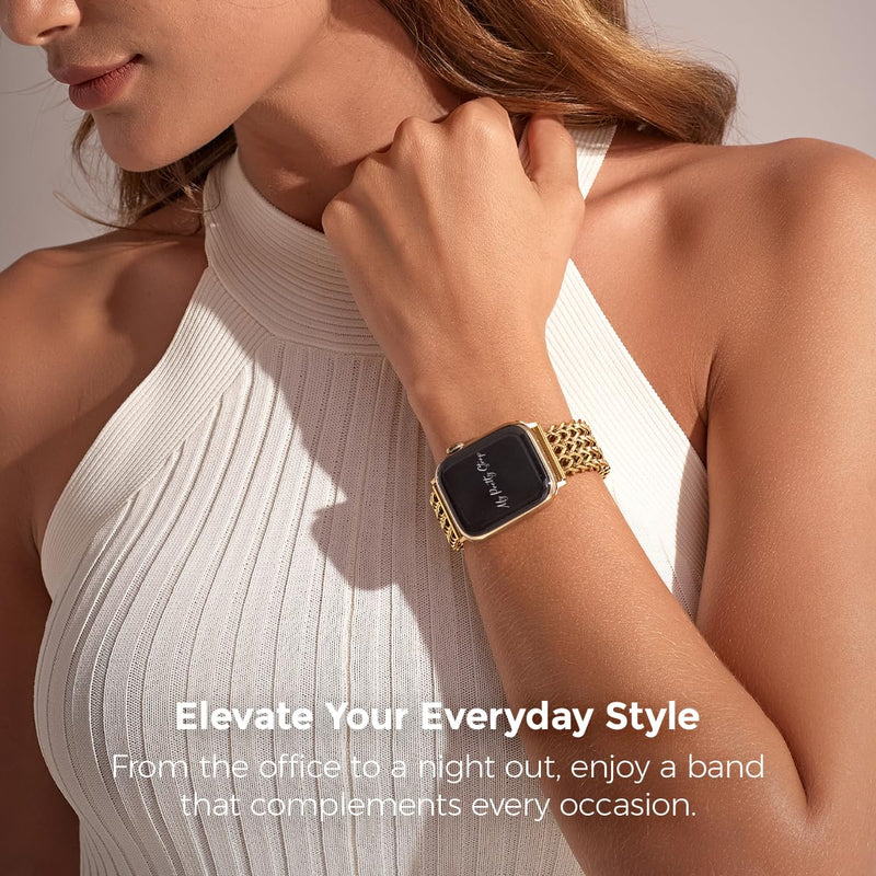 My Pretty Strap Gold Apple Watch Band & Glossy XOXO Protective Case Bundle – Elegant Stainless Steel Strap & Luxury Metal Cover for Apple Watch Series 1-11, SE & Ultra (46MM) Mermaid