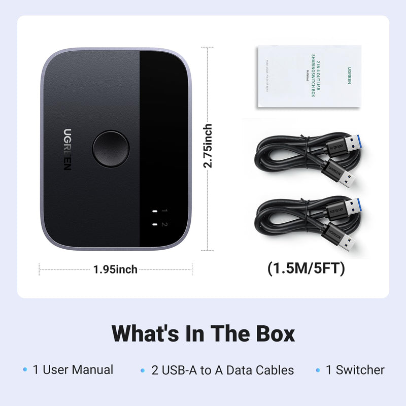 [AUSTRALIA] - UGREEN USB 3.0 Switch 2 in 2 Out, USB Switcher 2 Computers Sharing Keyboard and Mouse Printer Scanner Webcam, Printer Splitter for 2 Computers, 2 Port USB Selector Switch with 2 USB3.0 Cables 