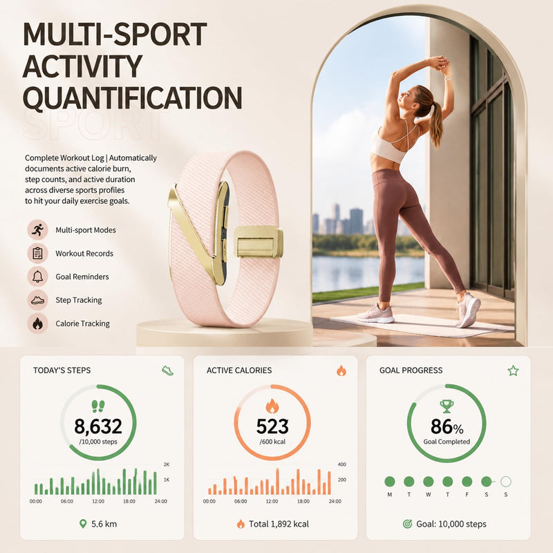 Screen-Free Fitness Tracker Smart Band No Display Health Bracelet | Heart Rate Monitor Sleep Tracking Fall Detection Alert and SOS Lightweight Smart Bracelet for Women Men Android iOS BEIGE