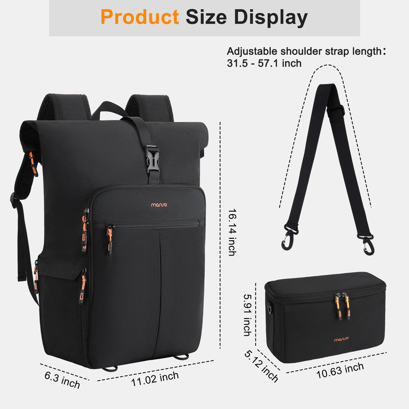 MOSISO Camera Backpack with Camera Bag Insert, Photography Backpack | Expandable Roll Top Compartment, Soft Camera Padded Bag Insert with Rain Cover&Shoulder Straps for Canon/Nikon/Sony, Black