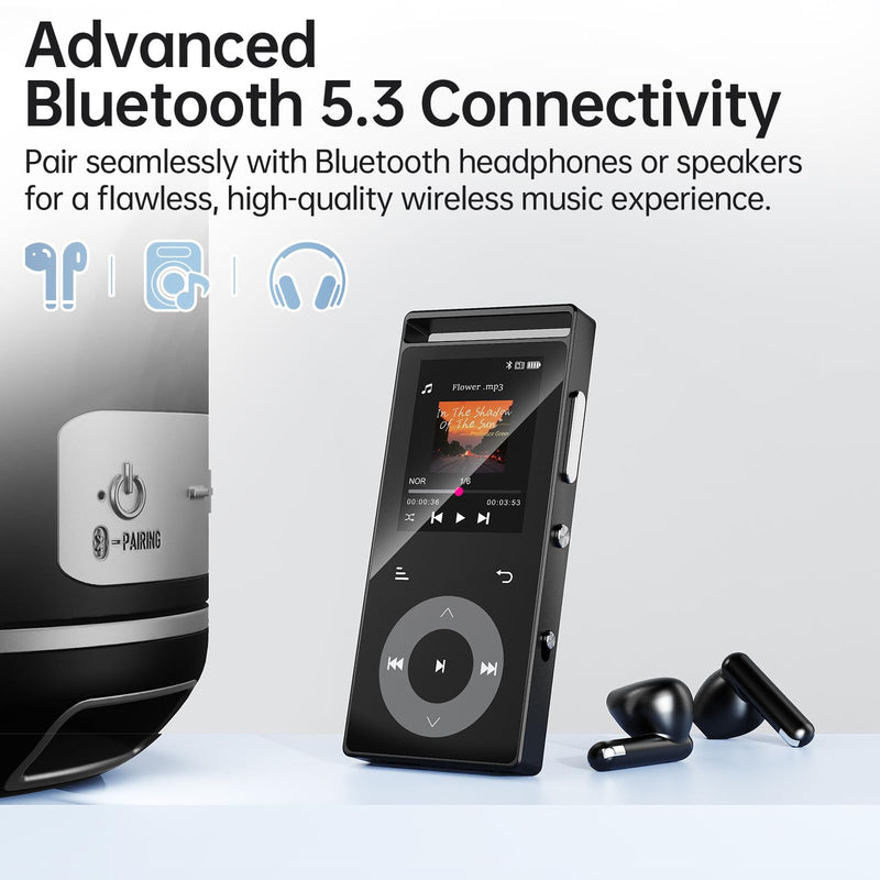 [AUSTRALIA] - 90G MP3 Player with Bluetooth 5.3, MP3 Players Build-in Touch Buttons, E-Book, Color Screen, HiFi Sound Portable Music Player for Kids,Supports up to 128GB, Earphones Included (Black) Black 