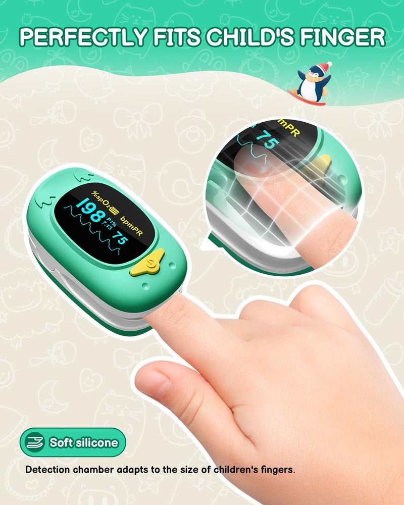 Paediatric Pulse Oximeter, HOLFENRY Oxygen Saturation Meter Finger for Children Pulse Oximeter Finger Oximeter Child-friendly Design Monitoring of SpO2, PI, Heart Rate grass green
