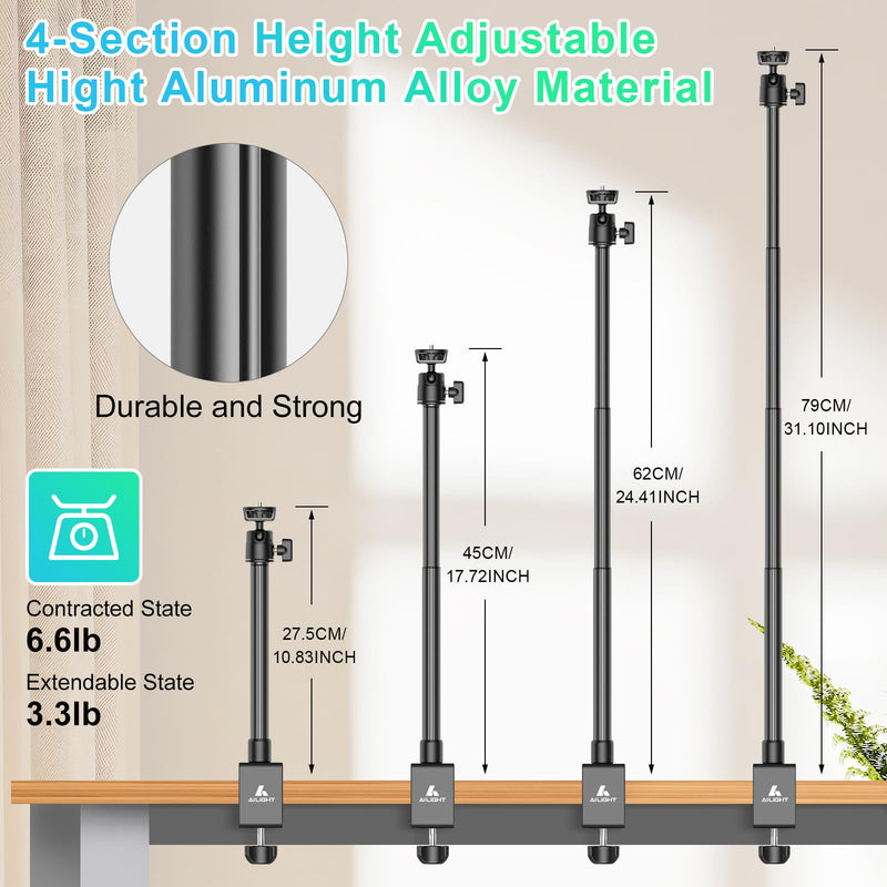 Ailight Camera Desk Mount Webcam Stand, Adjustable Table Camera Stand with 1/4" Screw & C Clamp Overhead Tripod Webcam Mount for Logitech Obsbot insta360 Anker and Others TS6001