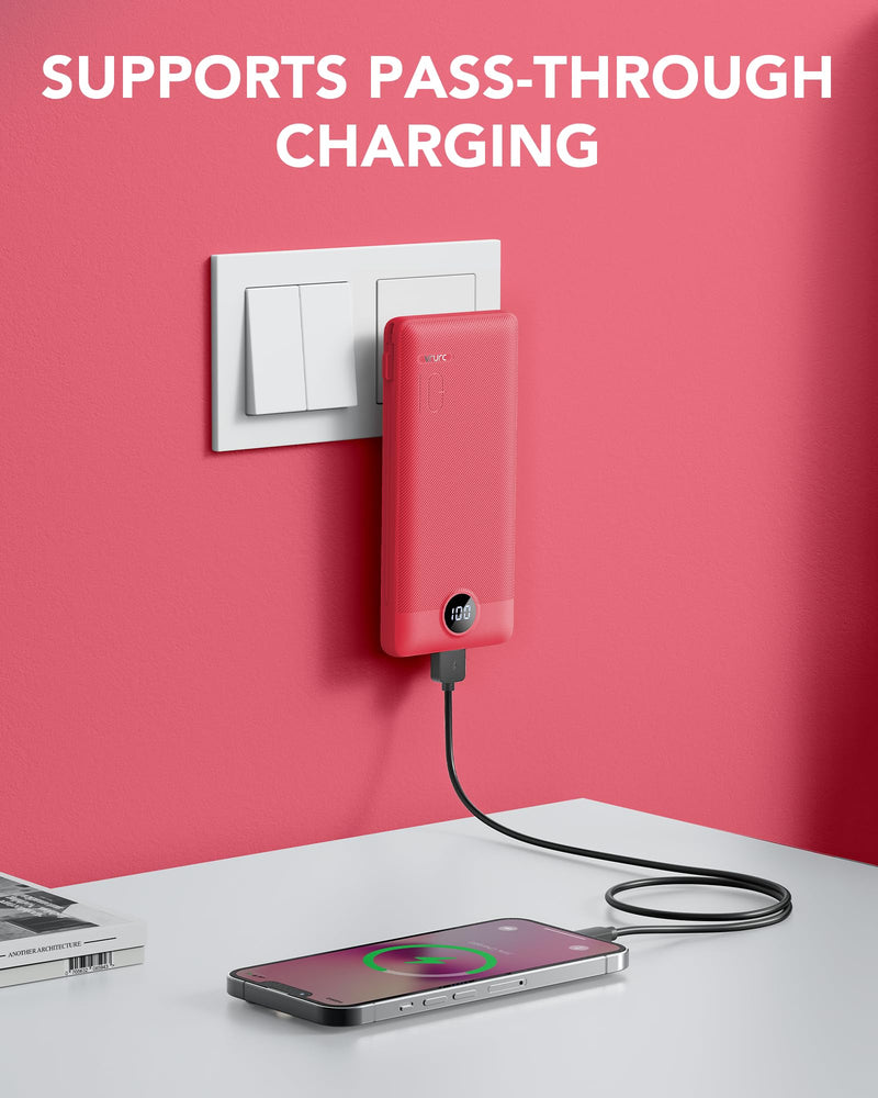 VRURC Portable Charger Built-in Cables and AC Wall Plug, USB C Power Bank 10000mAh, [2023 Upgraded Version] Phone Charger Compact Lightweight External Battery Pack for Smart Phones, Tablets etc-Red Red