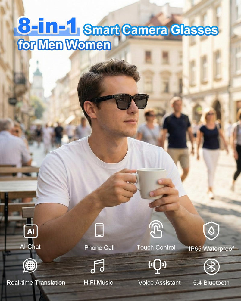 AI Smart Glasses with Camera and Bluetooth, 8MP 32GB 1200P HD Cam Glasses | Supports Photo/Video/Audio Recording, Real-Time Translation, Voice Assistant, Object Recognition for Life Work Vlog Black frame + Black lens