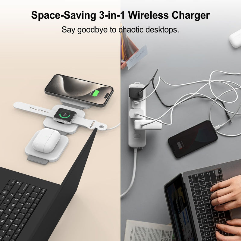 Wireless Charging Station for Apple Multiple Devices - 3 in 1 Foldable Magnetic Wireless Charger - Travel Charging Pad for iPhone 16 15 14 13 12 Pro Max Plus Watch & AirPods (White) White