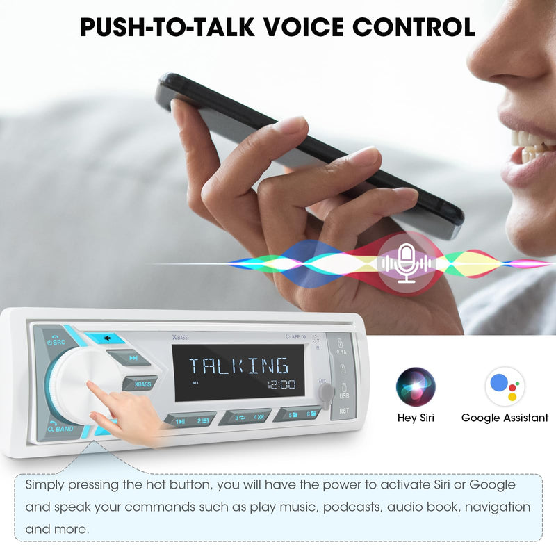 Single Din Marine Stereo Receiver: in Dash Bluetooth Boat Radio - Digital LCD Display Push to Talk Assistant AM FM MP3 SD Aux-in USB Charging 4.2-Channel Audio Output for Marine Vehicle Watercraft
