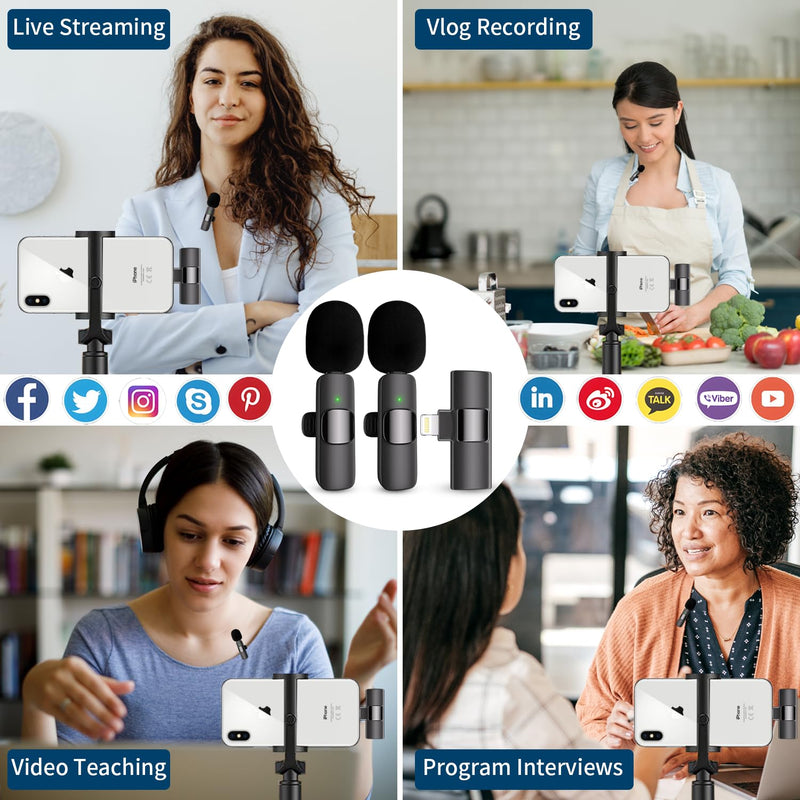 [AUSTRALIA] - Professional Wireless Lavalier Lapel Microphone for iPhone, iPad, Cordless Omnidirectional Condenser Recording Mic for Video Recording, Live Streaming, Interview Podcast Vlog YouTube Tiktok(2 Pack) Black-1 